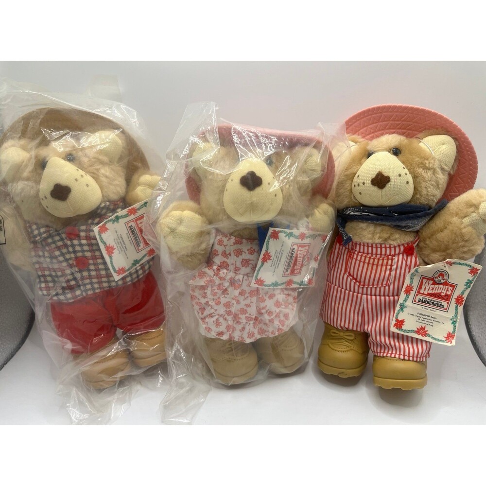 Vintage 1986 Wendy's Furskins Set of 3 Bears 7" Plush Stuffed Animals Promo New!